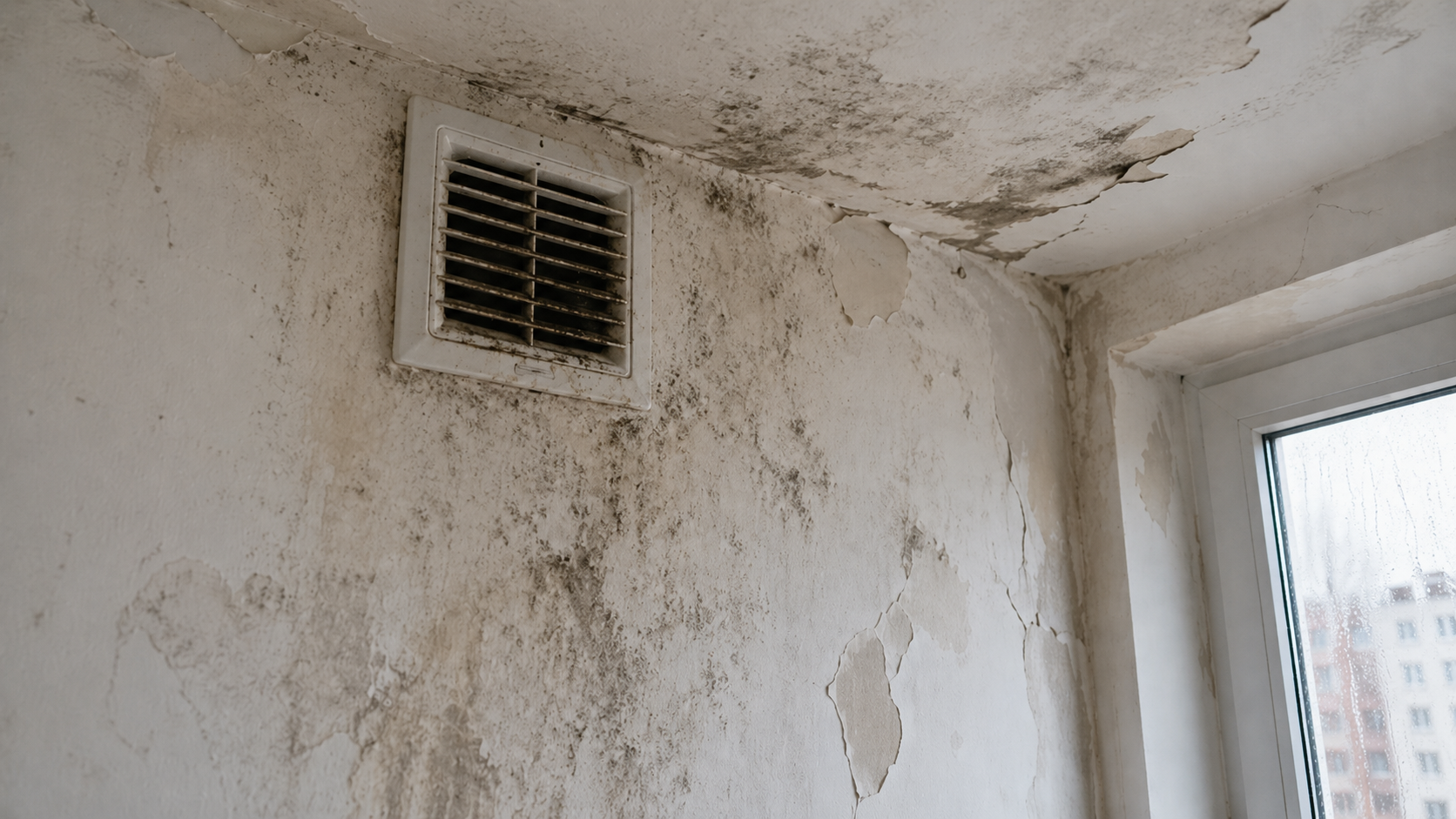 Pleśń przy suficie jako skutek złej wentylacji.