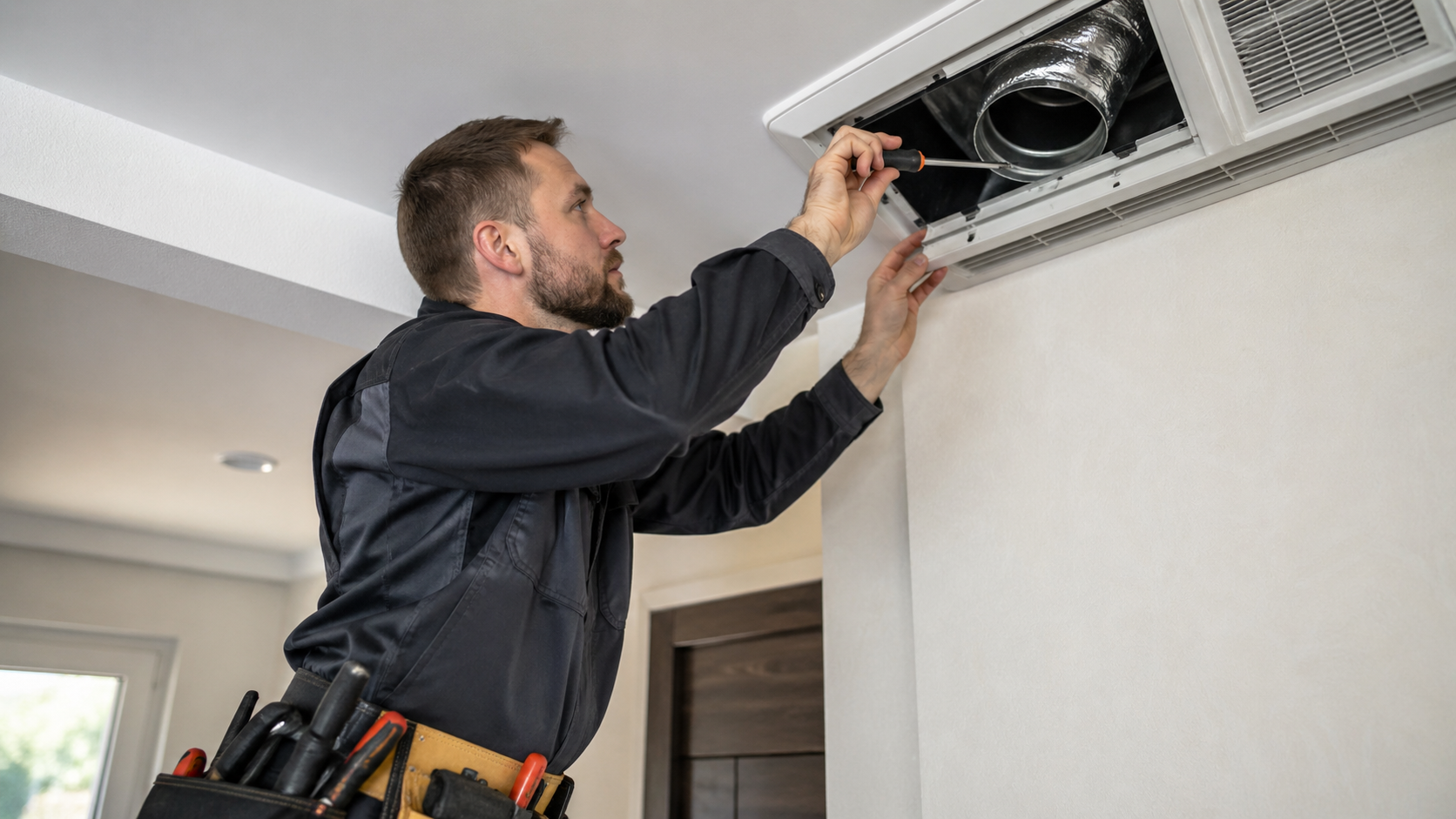 Serwisowanie wentylacji w budynku mieszkalnym.